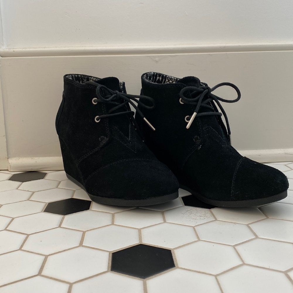 Toms, black suede wedge booties, size 6.5